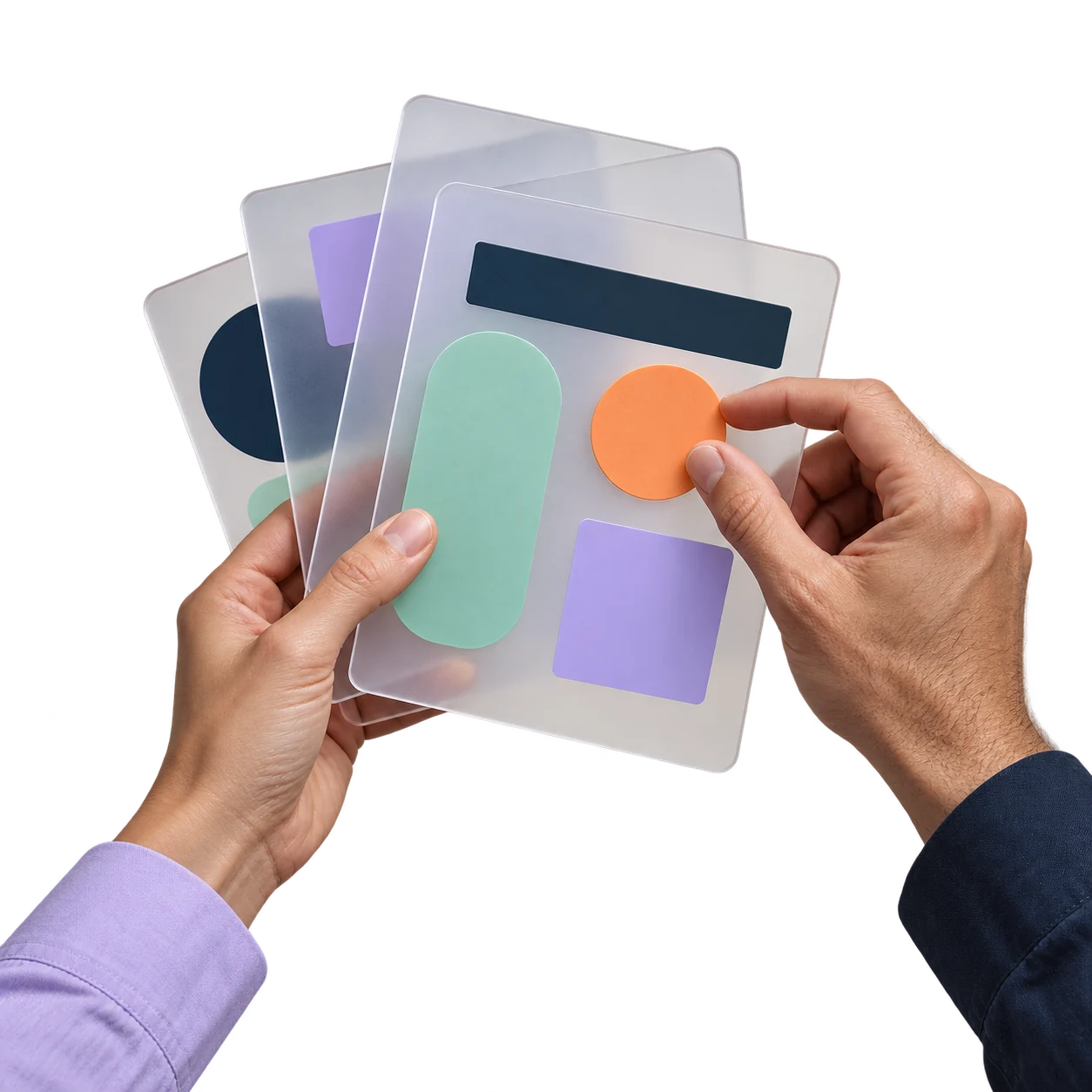 Illustrative studio image of hands bringing together translucent design panels in lavender, mint and apricot.