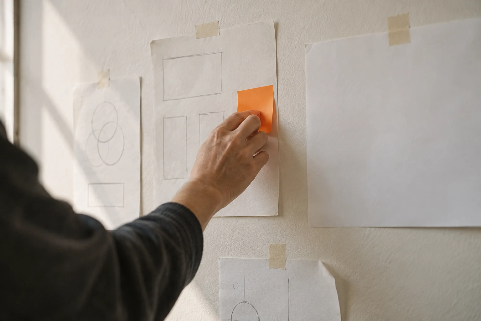 A hand places an orange note among paper sketches on a studio wall.