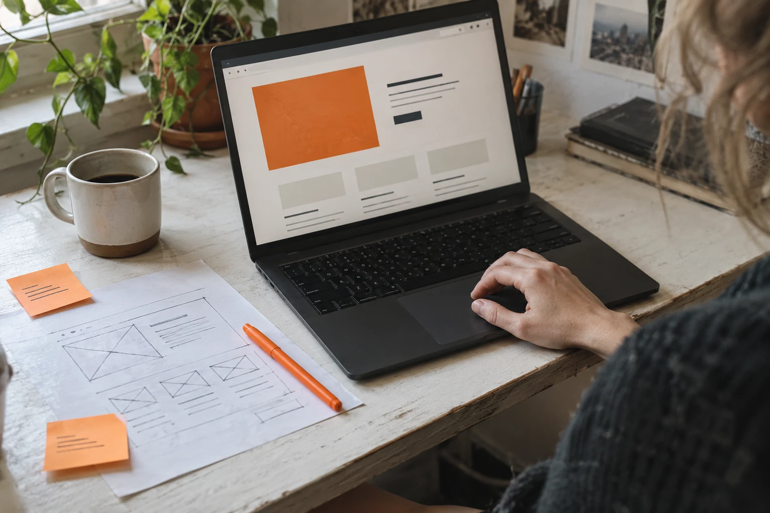A person reviews a landing-page design beside a paper wireframe and orange notes.