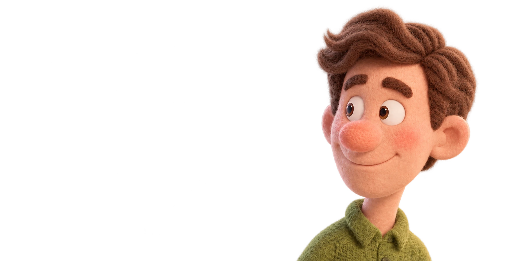 A warm wool character with swept brown hair and a friendly smile.