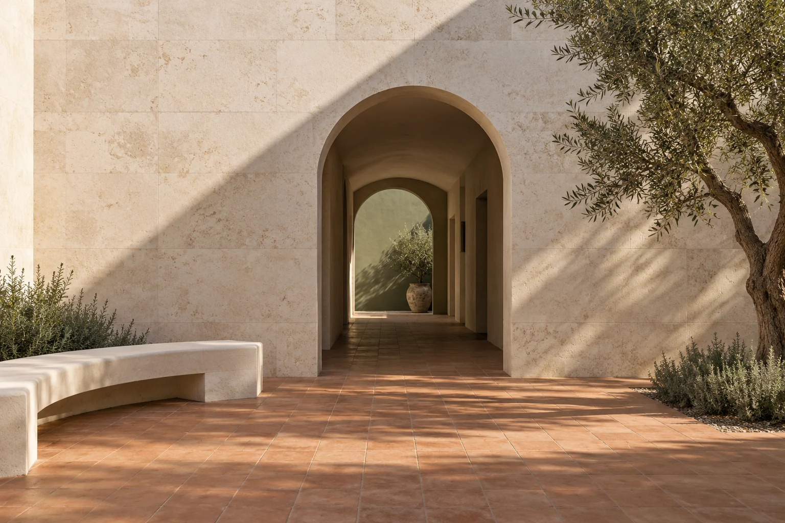 Invented limestone courtyard with an arched corridor, warm light and an olive tree