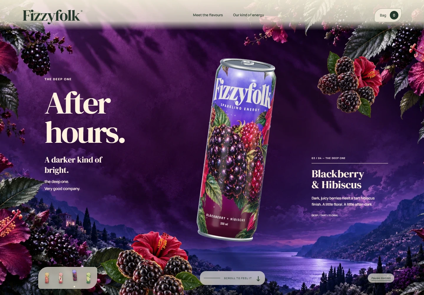 Fizzyfolk’s blackberry and hibiscus flavour world, with a purple illustrated can and botanical scenery.