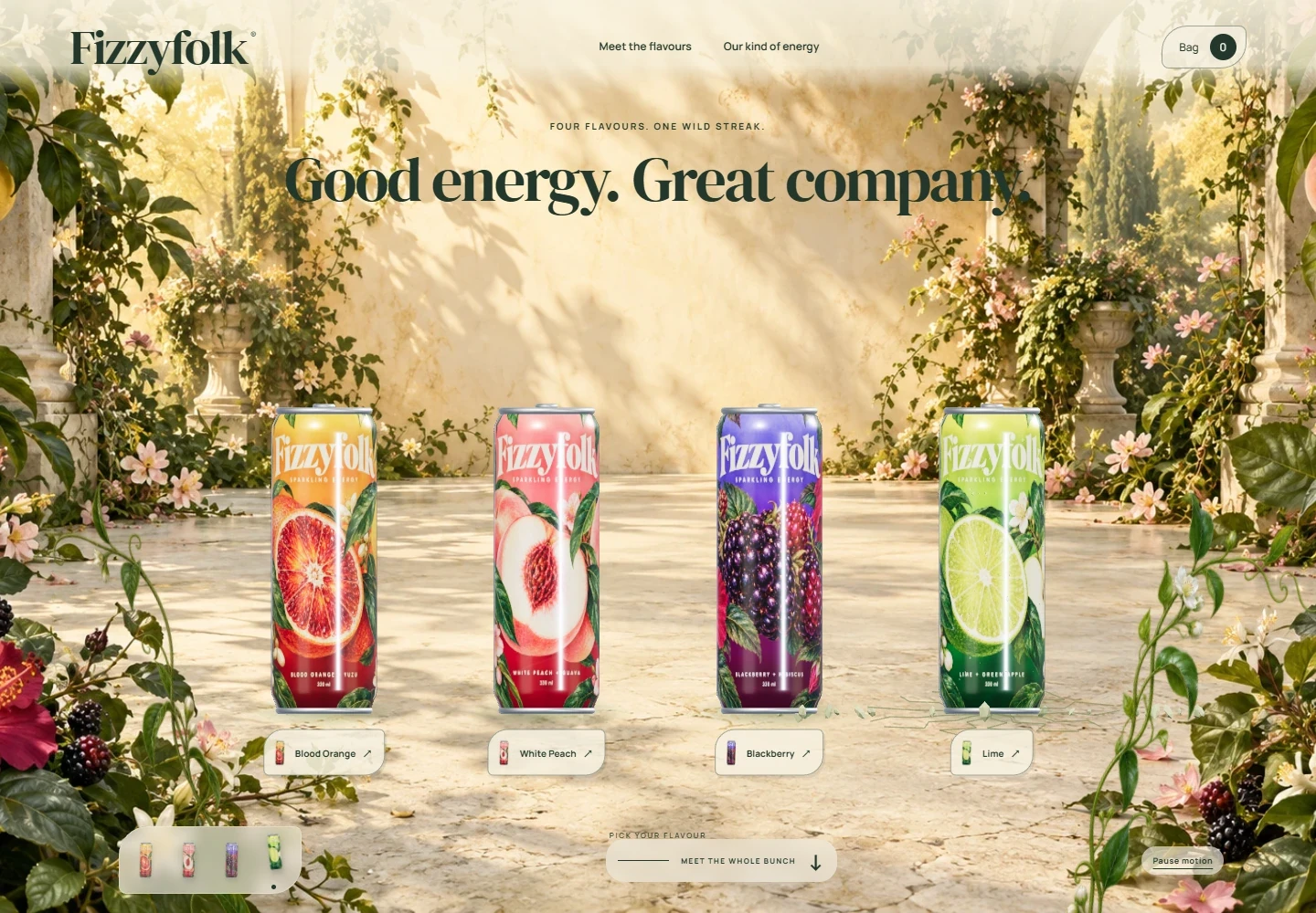 All four Fizzyfolk cans assembled in the illustrated product lineup.