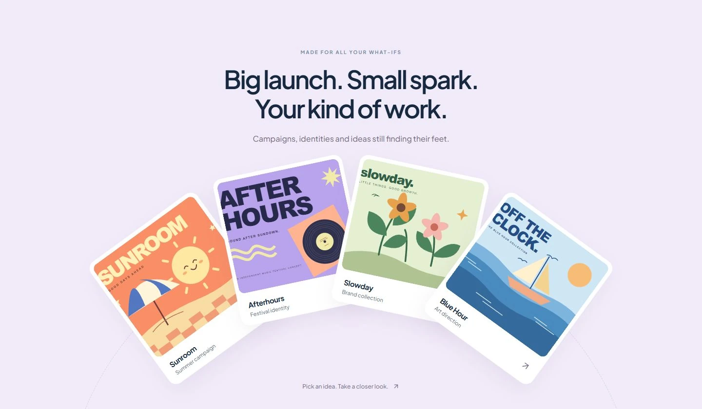 Kitey’s original campaign projects arranged as colourful cards along an arc.