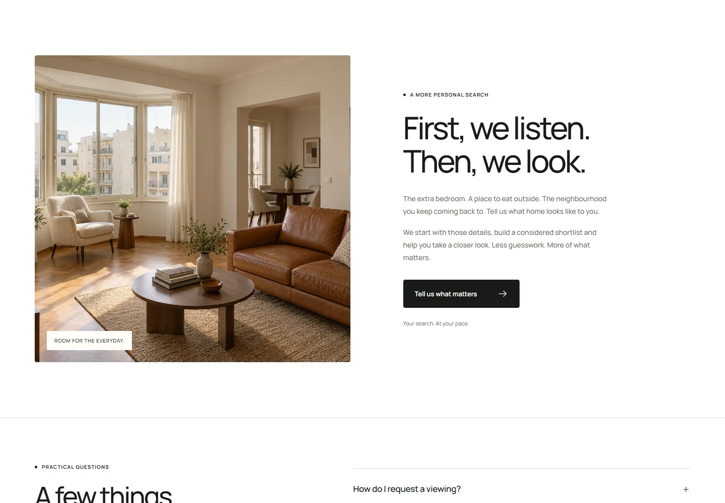 Morrow’s editorial section combining warm interior imagery and a personal approach to finding a home.