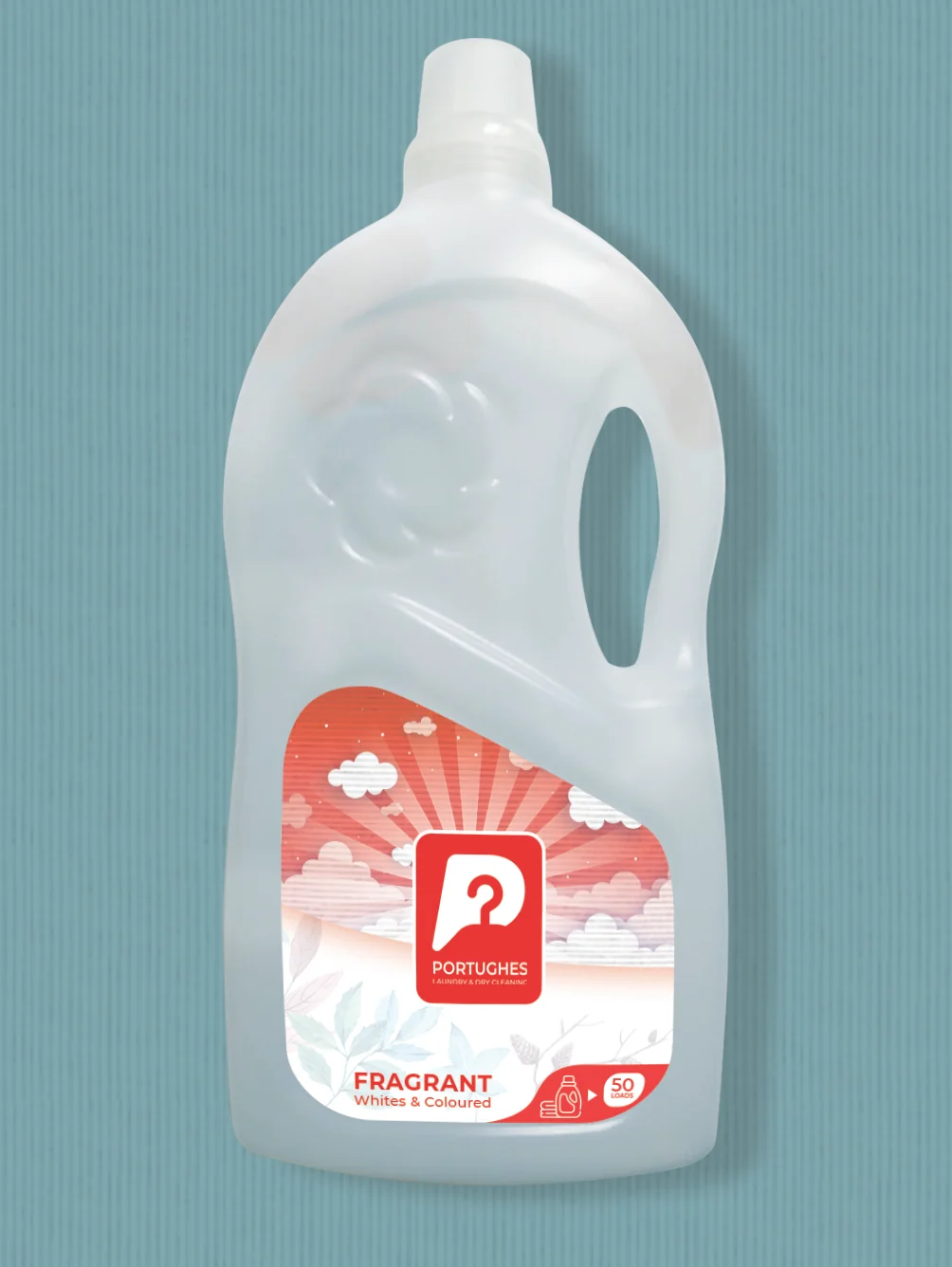 Original detergent packaging mockup with the red Portughes logo on a white bottle.