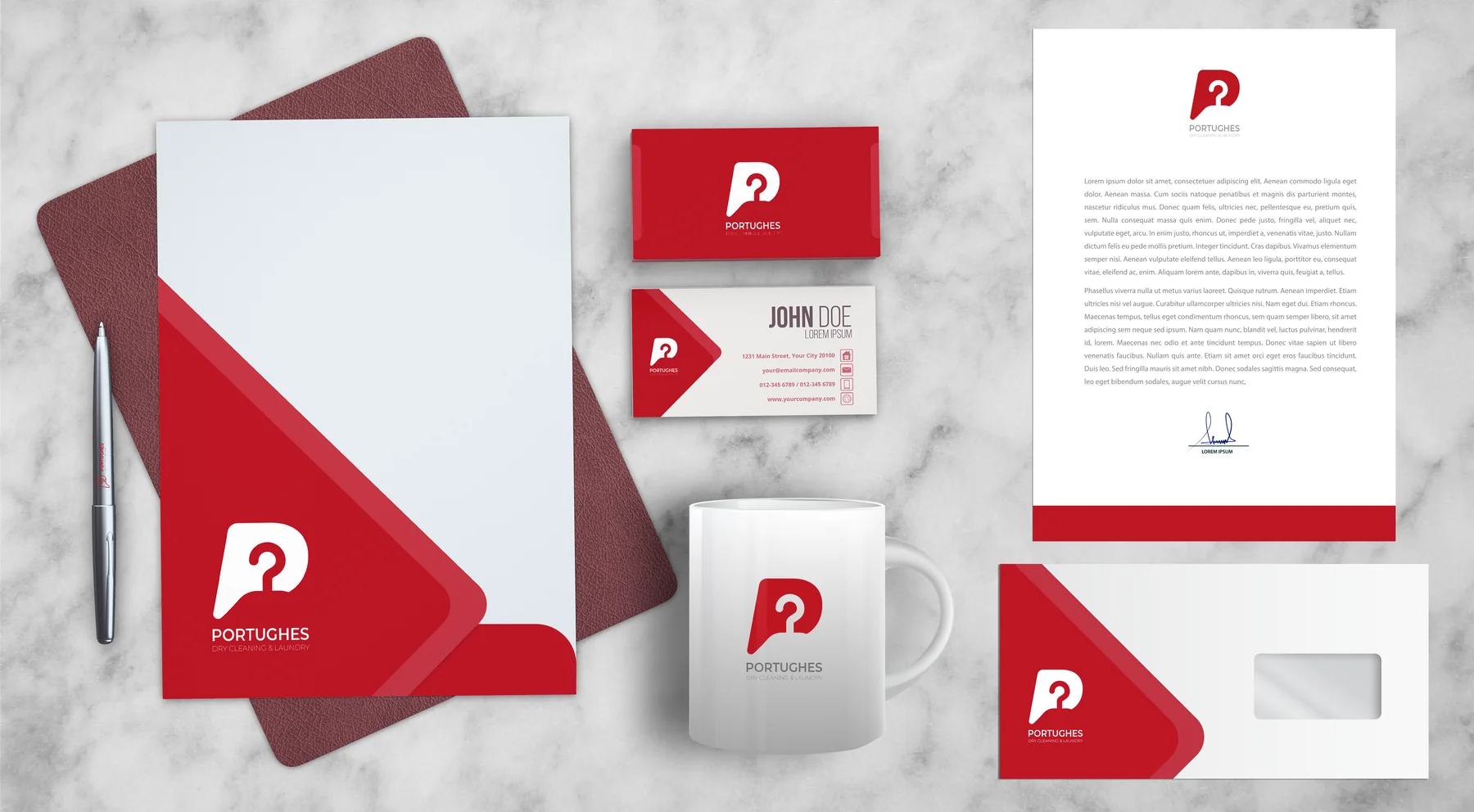 Original Portughes stationery presentation: red and white folder, business cards, letterhead, envelope and mug.