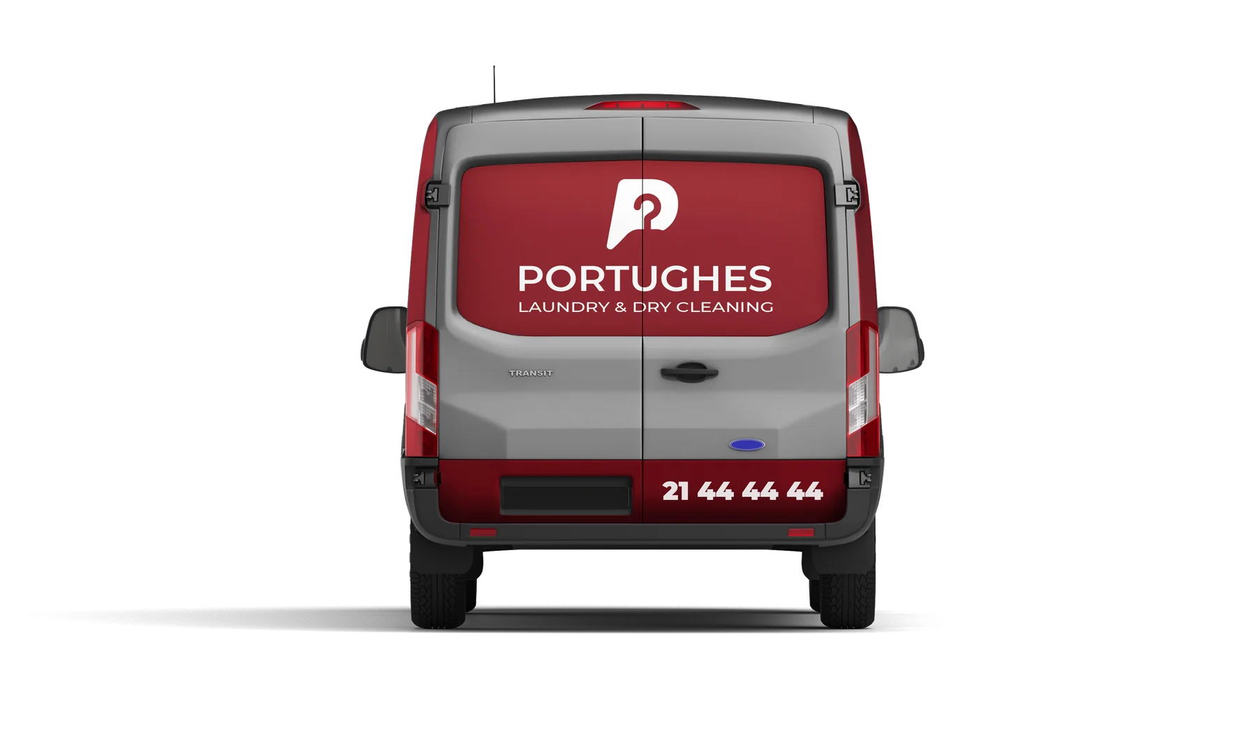 Rear-view Portughes van design with a red panel, white logo and contact number.
