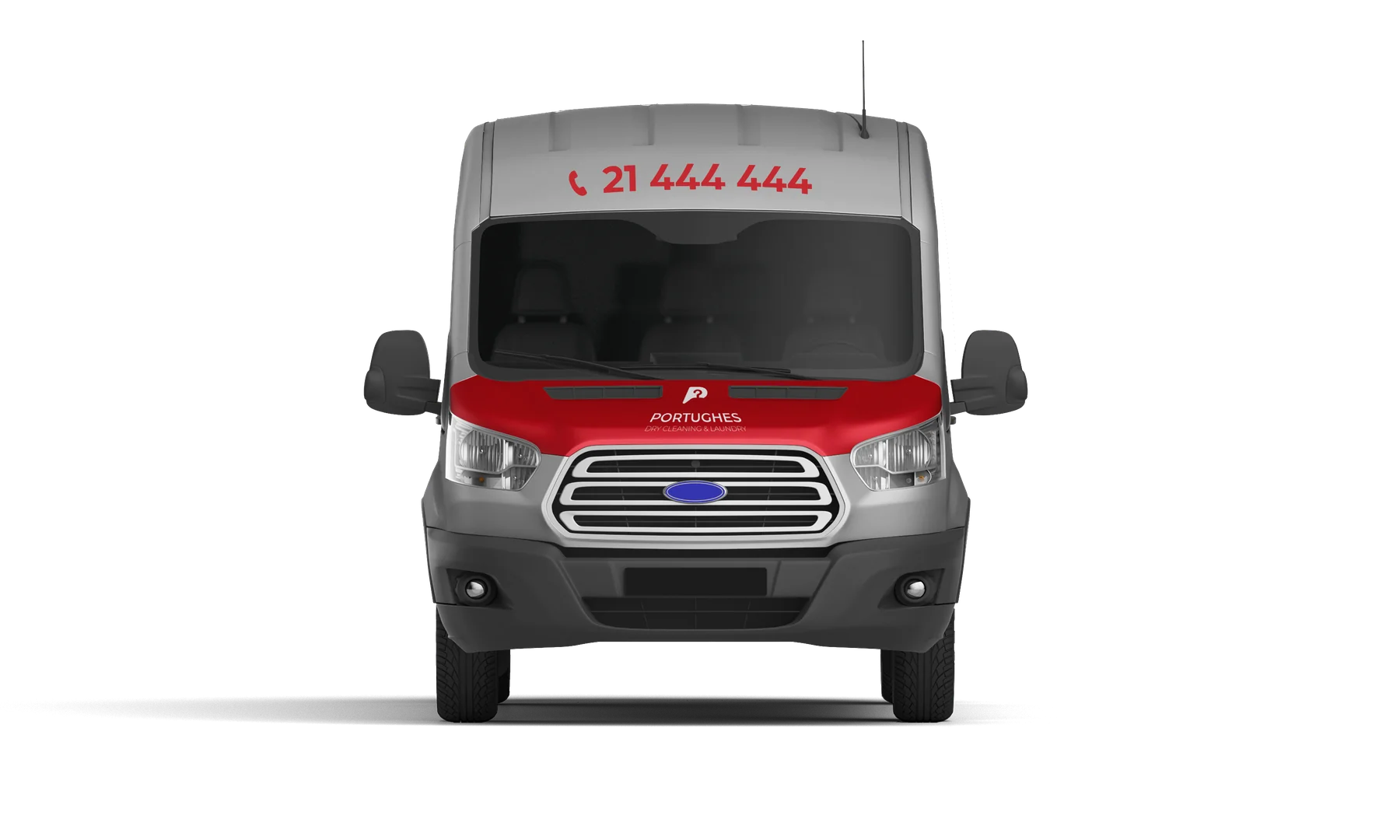 Front-view Portughes van design with a red bonnet and branding.