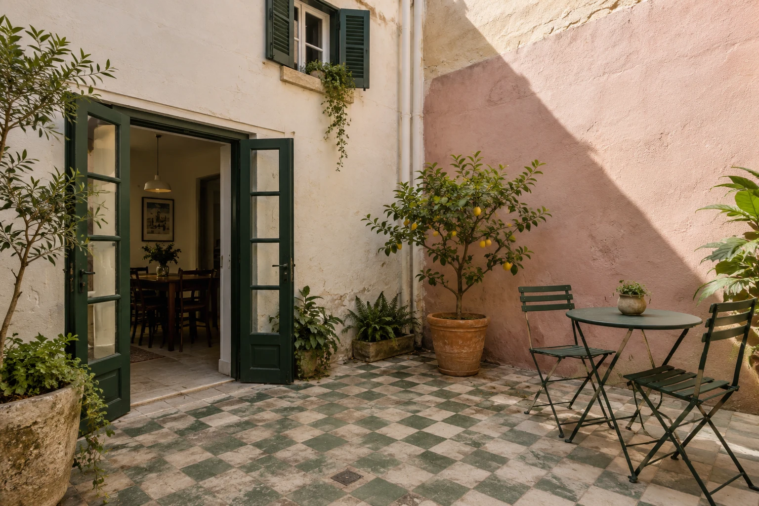 Green doors and patterned tiles at The Courtyard townhouse