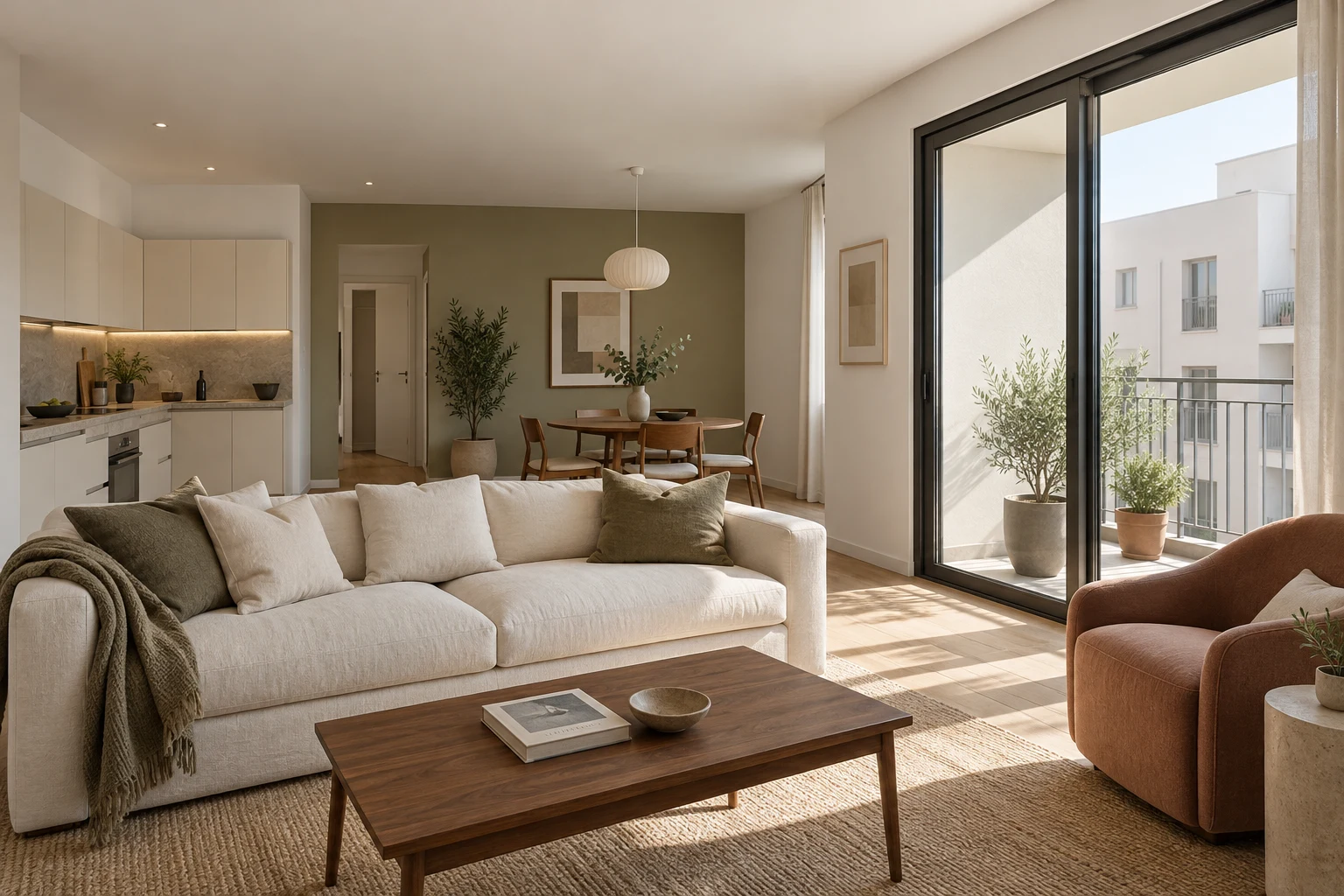 Sunlit living room at The Lightwell, with an olive dining wall, cream sofa and a balcony