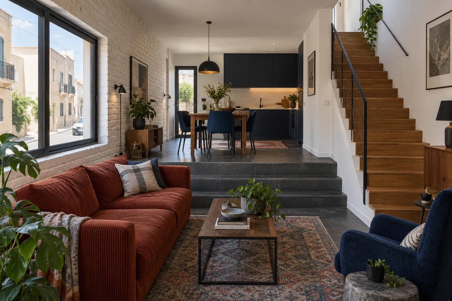 Rust seating and a timber staircase at The Split Level